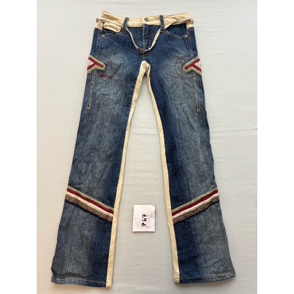 Pepe Jeans London Vintage Y2K Two Tone Flare Jeans Racing Stripe Blue Cream 25